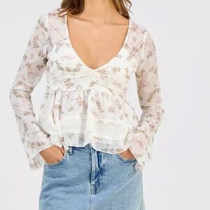 Self Esteem White Floral V-Neck Ruffle Peplum Blouse
